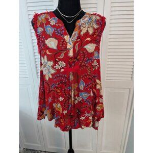 Easel Top Women’s S Red Floral Sleeveless V-Neck Tunic Blouse Flounce Botanical